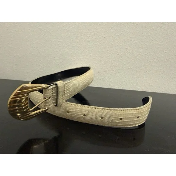 Vintage Jos A Bank Men's Croc Embossed Ivory Leather Dress Belt Medium - Picture 1 of 9